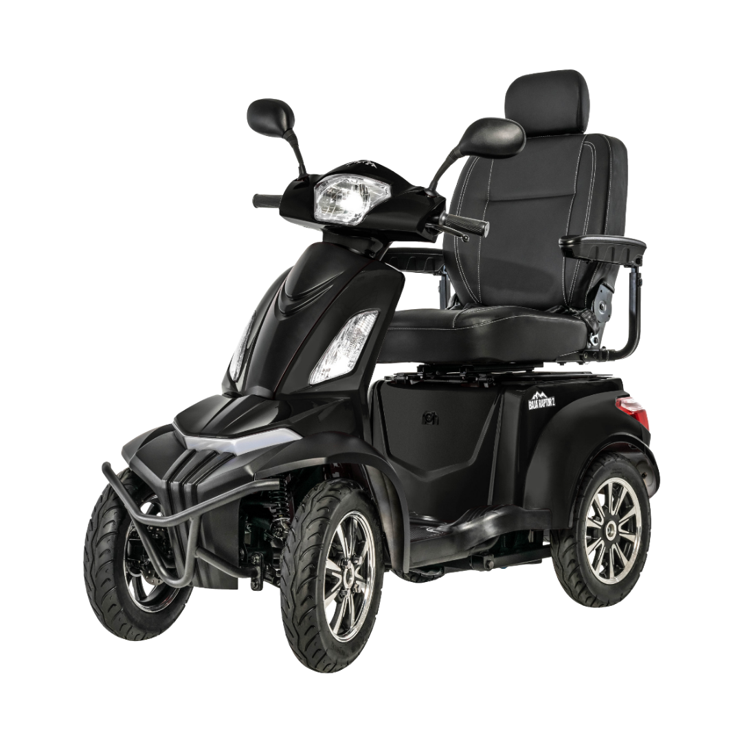 The Pride Baja® Raptor® 2 Bariatric 4-Wheel Scooter is a black, comfortable outdoor mobility scooter with padded seat, armrests, headrest, and handlebars—designed for accessible personal transportation and enhanced independence.